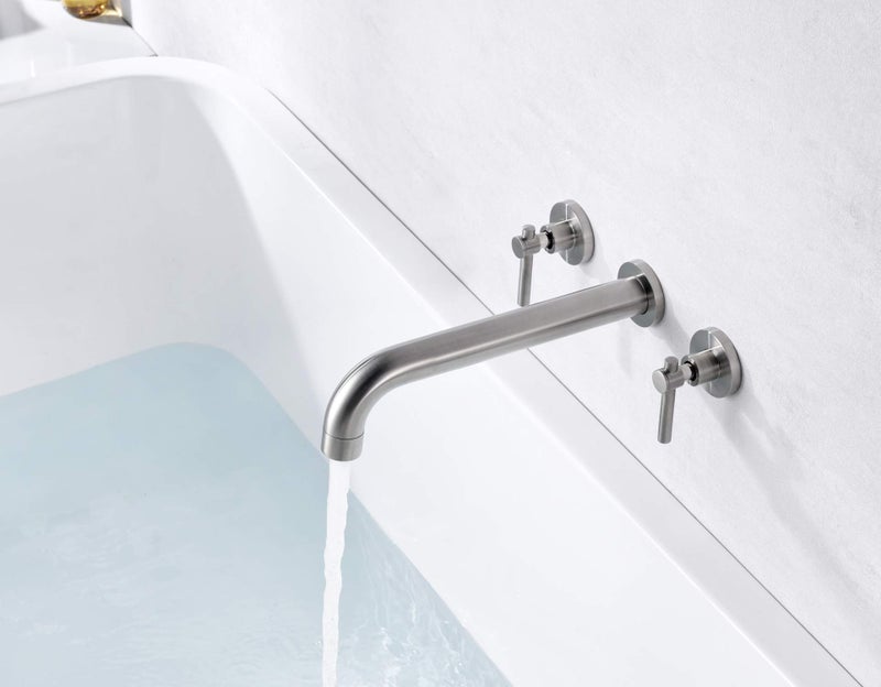 sumerain Wall Mount Tub Filler Faucet Brushed Nickel High Flow Bathtub Faucet Two Handles Solid Brass, Long Spout Reach, sumerain - Image 4